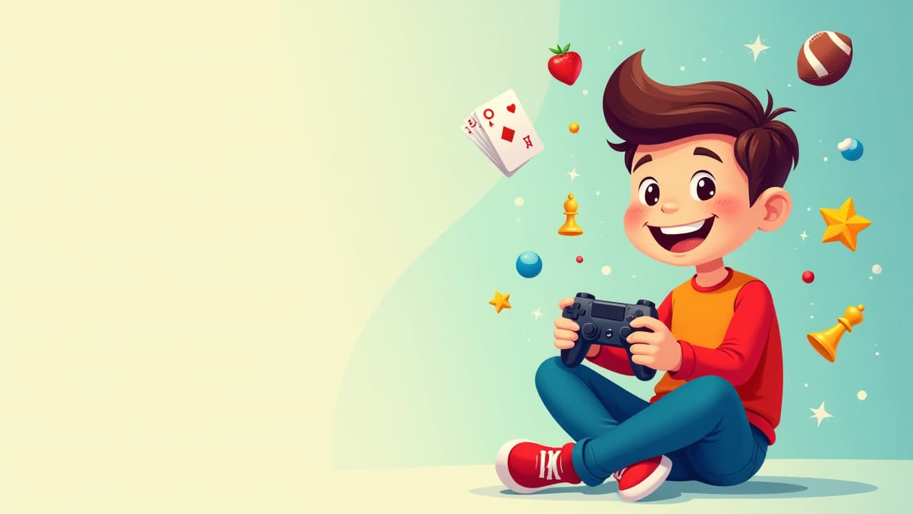  a cartoonish sitting on the right side of the image, holding a gaming console controller, with a big smile on his face. around him are floating, colorful icons representing various games: playing cards for rummy, a football for fantasy sports, chess pieces for strategy games, and clic casual game symbols like stars or fruits. the background has a light, energetic vibe with bright, bold colors like red, blue, and green. the left side of the image is left clear, providing ample space for text, creating a balanced design that emphasizes fun and excitement., high quality, high details, hd, perfect composition, 4k epic detailed, highly detailed, sharp focus, high resolution