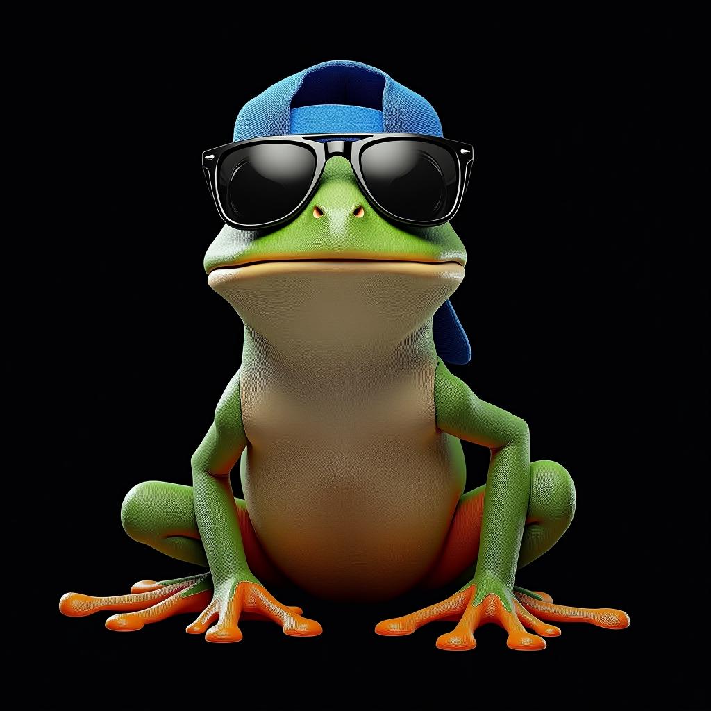  frog wearing blue backward cap and sunglass sitting against a black background