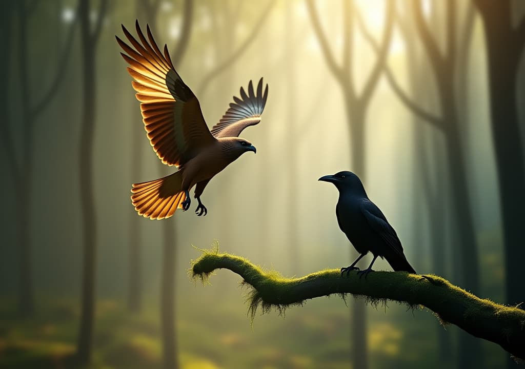  a serene forest scene at dawn, where a majestic hawk soars gracefully above, while a curious crow perches on a moss covered branch, both surrounded by ethereal mist and soft, dappled sunlight filtering through the trees. hyperrealistic, full body, detailed clothing, highly detailed, cinematic lighting, stunningly beautiful, intricate, sharp focus, f/1. 8, 85mm, (centered image composition), (professionally color graded), ((bright soft diffused light)), volumetric fog, trending on instagram, trending on tumblr, HDR 4K, 8K