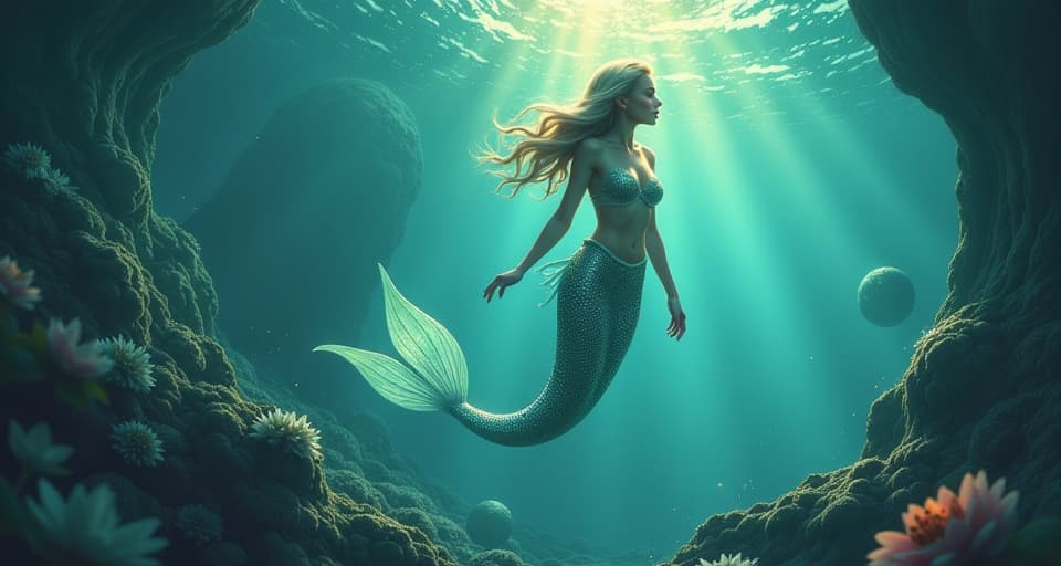  a glamorous mermaid with glittering scales, basking in the radiant light of an enchanted ocean. onlookers from the shadows either admire or envy her, illustrating the dichotomy of perceptions.. the style is digital art illustration,highly detailed, whimsical,magical, dreamlike atmosphere, realism and fantasy blend, smooth, glossy textures,luminous quality, wonder and enchantment.