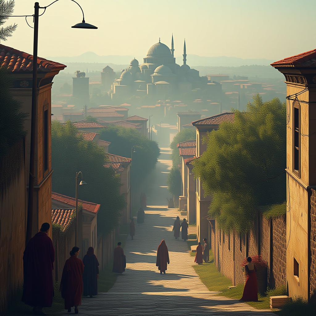  a visual of the ancient appearance of a place in the central region of turkey. the visual should include plenty of historical and cultural elements. it should also be a city view. specifically kırşehir hyperrealistic, full body, detailed clothing, highly detailed, cinematic lighting, stunningly beautiful, intricate, sharp focus, f/1. 8, 85mm, (centered image composition), (professionally color graded), ((bright soft diffused light)), volumetric fog, trending on instagram, trending on tumblr, HDR 4K, 8K