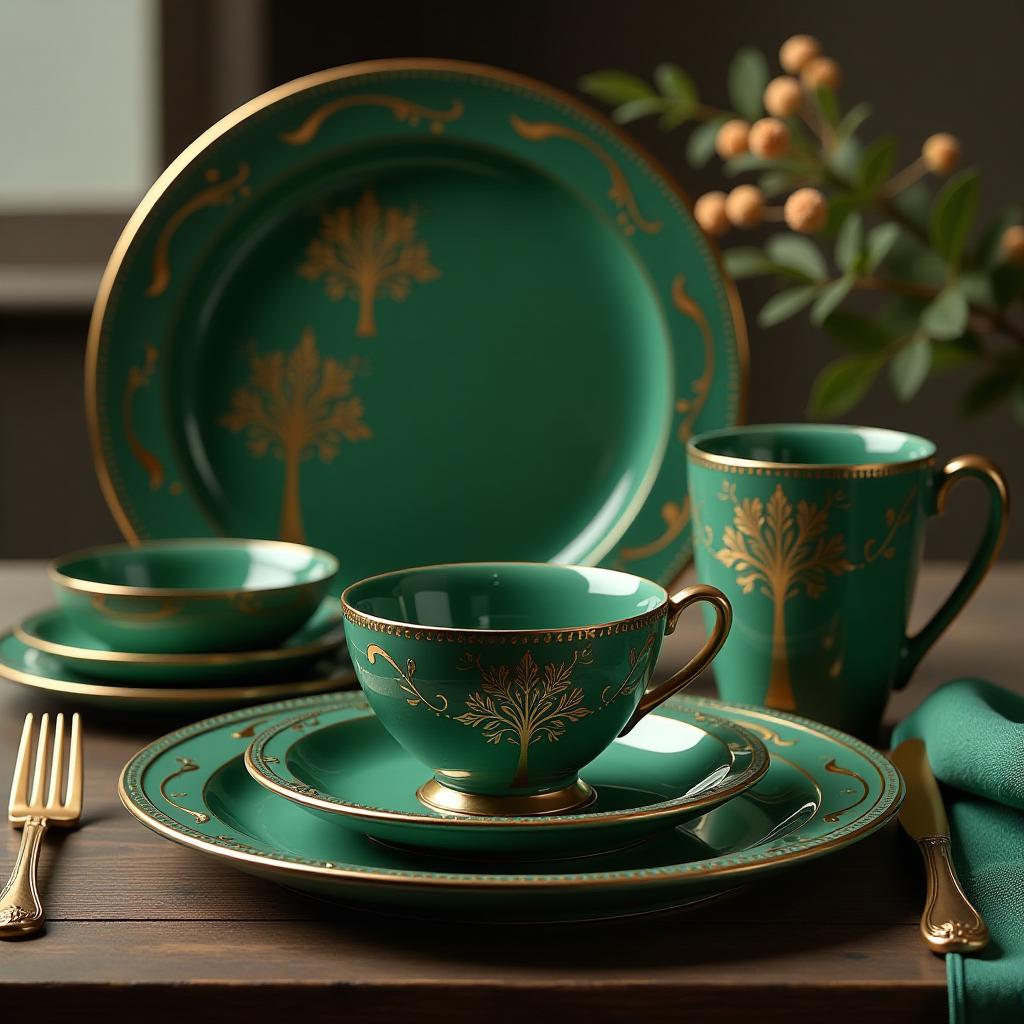  ceramic dinnerware for 6 people, 32 pieces in emerald color with a golden tree design in the center of each piece. hyperrealistic, full body, detailed clothing, highly detailed, cinematic lighting, stunningly beautiful, intricate, sharp focus, f/1. 8, 85mm, (centered image composition), (professionally color graded), ((bright soft diffused light)), volumetric fog, trending on instagram, trending on tumblr, HDR 4K, 8K