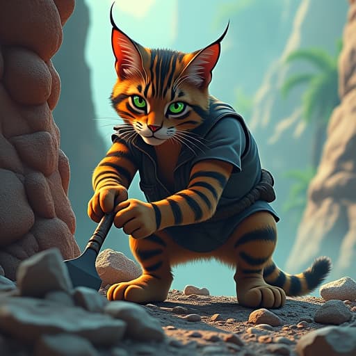  in a vibrant, comic book like scene, hemule, the rebellious anthropomorphic tabby cat with green eyes and edgy style, hacks at a stone mountain with a chisel. his fierce charisma shines as he chips away, surrounded by a mix of brown, black, and grey stripes. hyperrealistic, full body, detailed clothing, highly detailed, cinematic lighting, stunningly beautiful, intricate, sharp focus, f/1. 8, 85mm, (centered image composition), (professionally color graded), ((bright soft diffused light)), volumetric fog, trending on instagram, trending on tumblr, HDR 4K, 8K