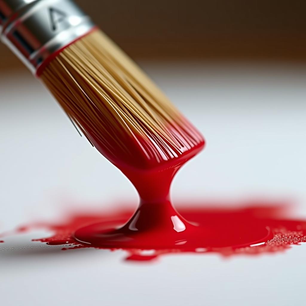  a close up of a paintbrush dipped in red paint, capturing the texture and vibrant color of the paint.