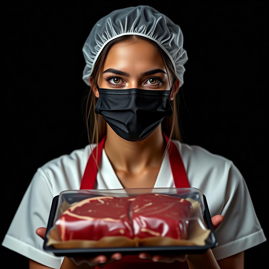  beautiful brazilian woman, light brown eyes, holding a vacuum packed meat, wearing a black mask, red apron and disposable cap, black background, realistic, portrait, art by donato giancola and greg rutkowski, realistic face, digital art, trending on artstation hyperrealistic, full body, detailed clothing, highly detailed, cinematic lighting, stunningly beautiful, intricate, sharp focus, f/1. 8, 85mm, (centered image composition), (professionally color graded), ((bright soft diffused light)), volumetric fog, trending on instagram, trending on tumblr, HDR 4K, 8K