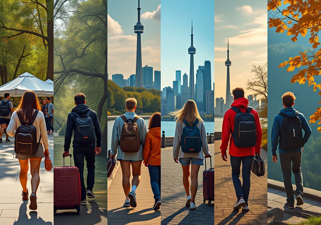  collage of different traveler types exploring toronto, including families at the zoo, food lovers at st. lawrence market, culture enthusiasts at the royal ontario museum, and outdoor enthusiasts hiking at scarborough bluffs. the scene showcases the diverse activities and attractions the city offers., in the style of photorealistic hyperrealistic, full body, detailed clothing, highly detailed, cinematic lighting, stunningly beautiful, intricate, sharp focus, f/1. 8, 85mm, (centered image composition), (professionally color graded), ((bright soft diffused light)), volumetric fog, trending on instagram, trending on tumblr, HDR 4K, 8K