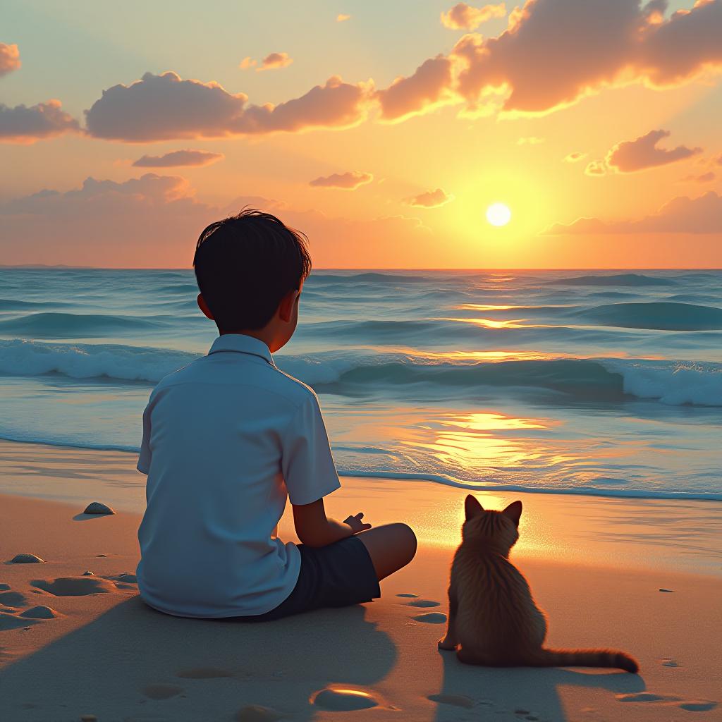  a boy in a white shirt, sitting on the beach, facing the sea, looking west at the sunset, next to a little cat, award winning, professional, highly detailed, masterpiece