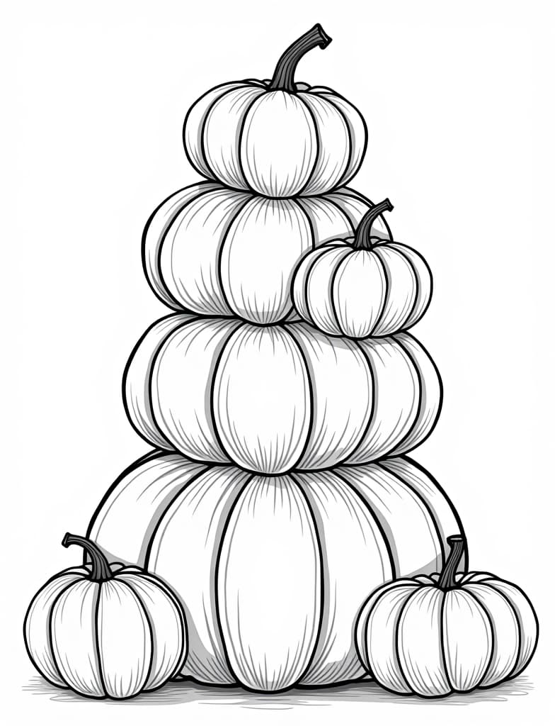  a stack of pumpkins in varying sizes and shapes, black and white line art on a white background, for an adult coloring page.