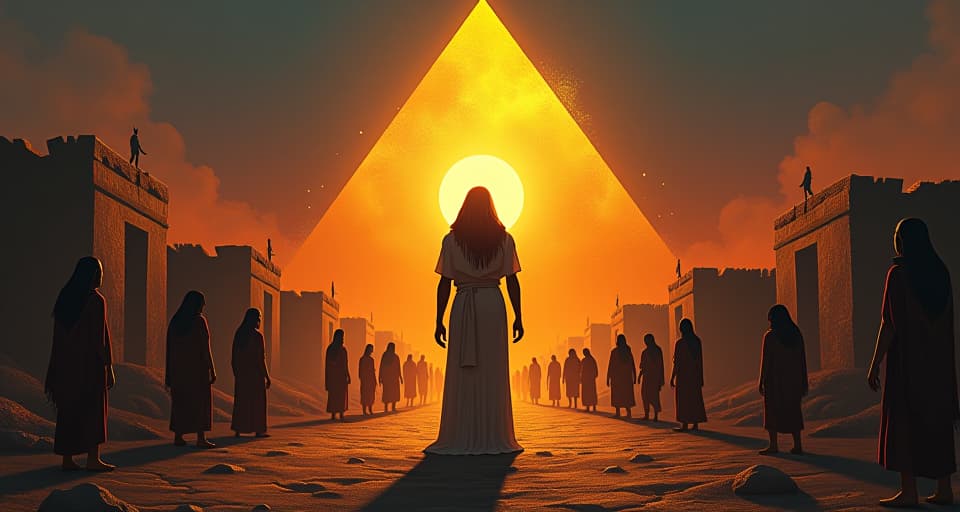  village struck by misfortune, people afflicted with ailments and despair, while one radiant individual stands unscathed, aura of divine protection, dramatic scenery.. the style is digital art illustration / modern comic book / mysterious occult, symbolic, esoteric vibe,high detail on character design, incorporating ancient egyptian symbology and attire.