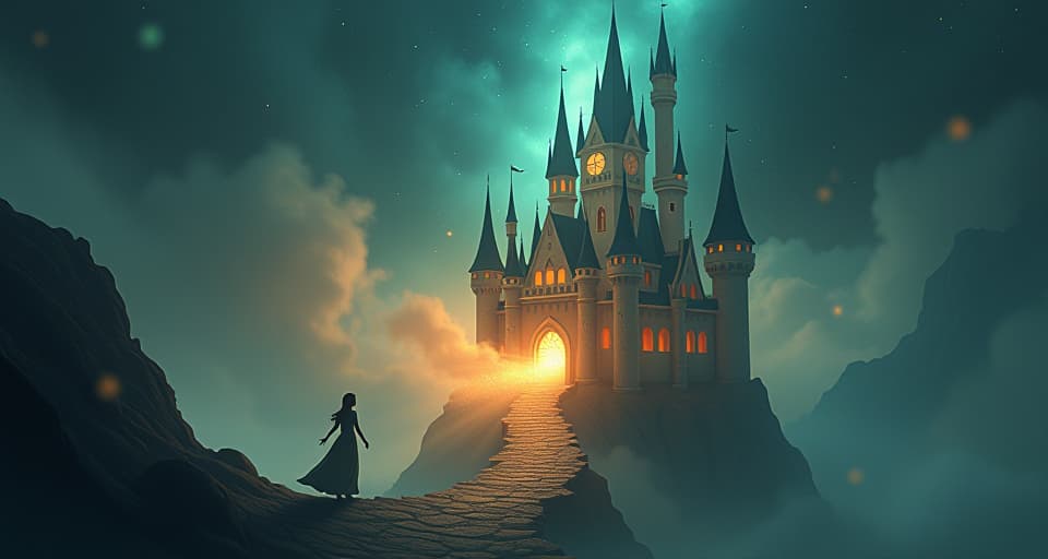  a luminescent castle with its base slowly crumbling under an ethereal weight. inside, a young maiden struggles under the presence of a motherly figure whose gaze is filled with unfulfilled potential. the scene is suffused with a bittersweet glow.. the style is digital art illustration,highly detailed, whimsical,magical, dreamlike atmosphere, realism and fantasy blend, smooth, glossy textures,luminous quality, wonder and enchantment.