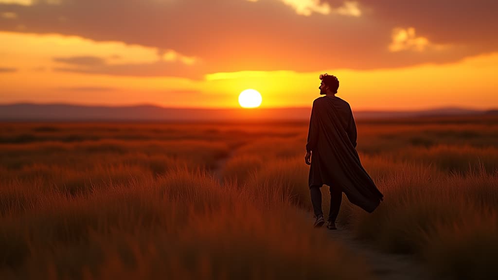  history of biblical times, isaac walking in the fields of canaan during sunset, deep in thought, unaware of the forthcoming change in his life. hyperrealistic, full body, detailed clothing, highly detailed, cinematic lighting, stunningly beautiful, intricate, sharp focus, f/1. 8, 85mm, (centered image composition), (professionally color graded), ((bright soft diffused light)), volumetric fog, trending on instagram, trending on tumblr, HDR 4K, 8K