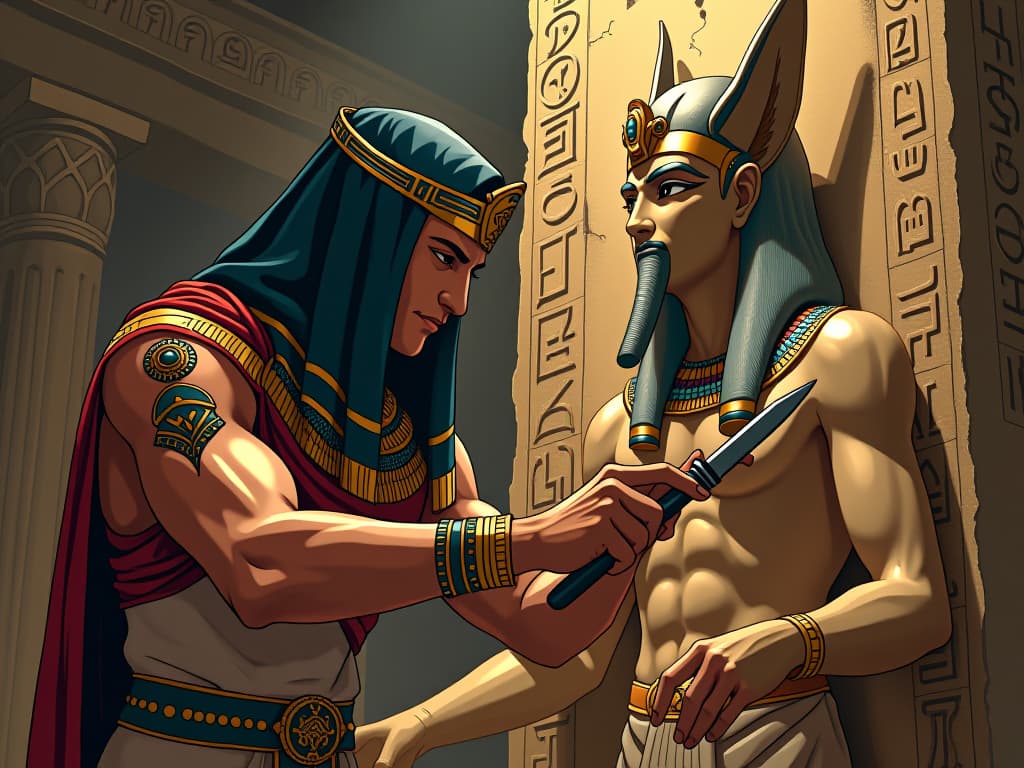  a sculptor in ancient egyptian attire, chisel in hand, meticulously carving a grand statue of a deity. the sculptor's expression one of intense focus, the temple surroundings adorned with elegant hieroglyphs, invoking an atmosphere of creativity and dedication.. the style is digital art illustration / modern comic book / mysterious occult, symbolic, esoteric vibe,high detail on character design, incorporating ancient egyptian symbology and attire.