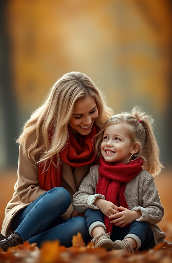  portrait smiling young woman with blond hair and little girl with a blond hair sitting on leaves in park in autumn, red scarf, mother looking at daughter, blurred autumn trees in background, soft light ar 2:3, (natural skin texture), highly detailed face, depth of field, hyperrealism, soft light, muted colors