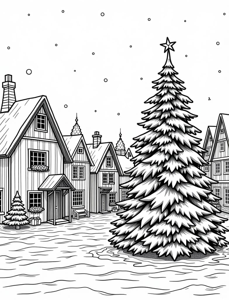  this is for an adult coloring page. a detailed black and white line art of a snowy snowy village square with a decorated christmas tree on a solid white background.