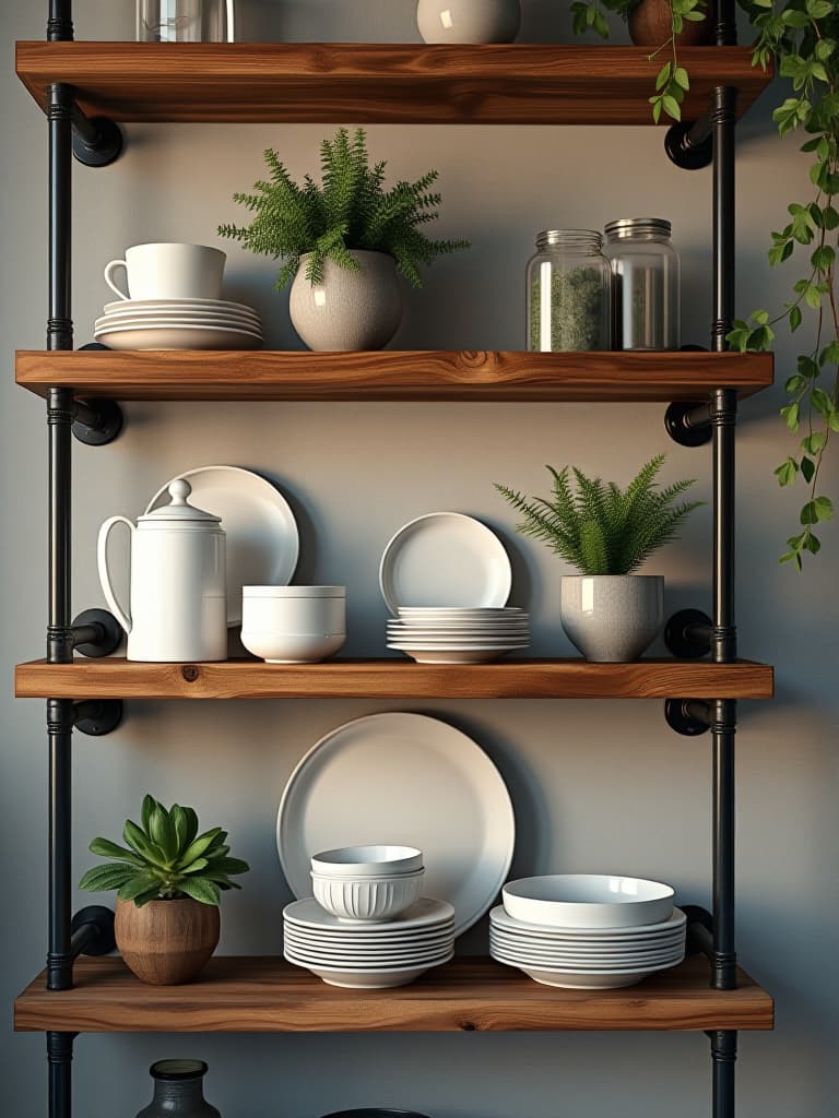  high quality portrait photo of a diy open shelving unit made from reclaimed barn wood and black iron pipes, displaying white ceramic dishes and vintage glass jars hyperrealistic, full body, detailed clothing, highly detailed, cinematic lighting, stunningly beautiful, intricate, sharp focus, f/1. 8, 85mm, (centered image composition), (professionally color graded), ((bright soft diffused light)), volumetric fog, trending on instagram, trending on tumblr, HDR 4K, 8K