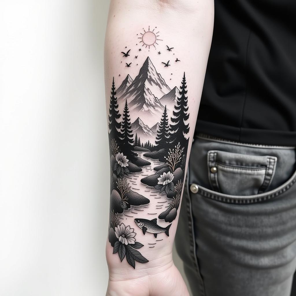  create a tattoo design, small forearm mountain theme black and white realism tattoo , with a river running through, smoke, wild flowers , fish , and a sun and birds , white background