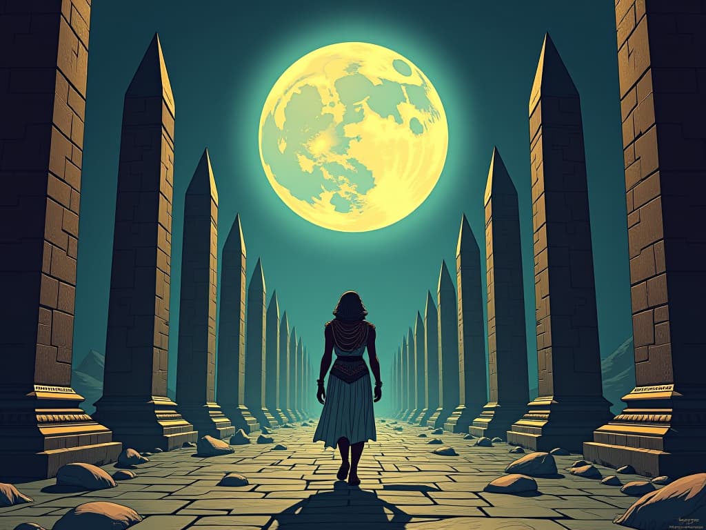  full moon framed by ancient obelisks, shining light down a sacred path, guiding and illuminating. the style is digital art illustration / modern comic book / mysterious occult, symbolic, esoteric vibe,high detail on character design, incorporating ancient egyptian symbology and attire.