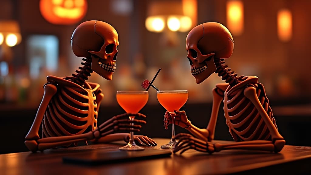  skeletons couple drinking orange cocktails in bar. halloween concept