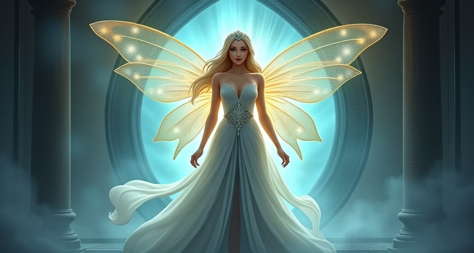  a fairy queen in flowing, translucent attire, standing before a mystical portal, her expression one of powerful resolve, aura of strength and radiance. the style is digital art illustration,highly detailed, whimsical,magical, dreamlike atmosphere, realism and fantasy blend, smooth, glossy textures,luminous quality, wonder and enchantment.