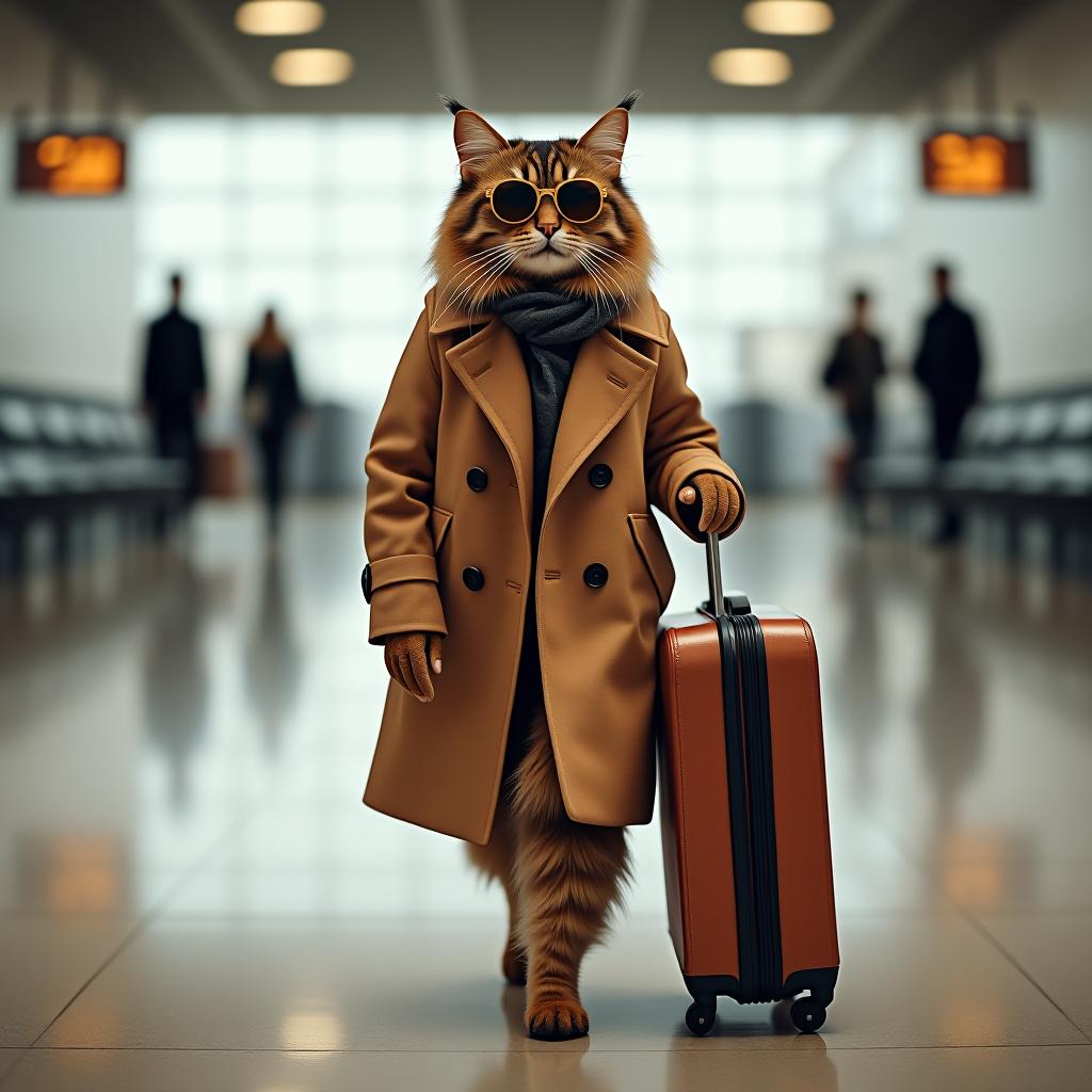  stylish cat dressed in a fashionable coat and sunglasses, walking through an airport with a small suitcase