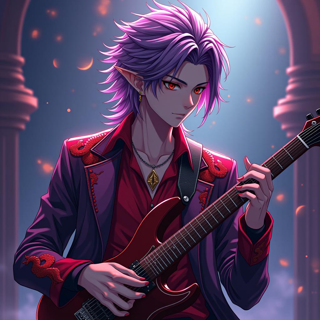  manga style dark elf is a male rock performer with a guitar in both hands marble white skin, purple scarlet hair, lavender eyes with a red tint, dressed in a red purple shirt embroidered with red gold, over the shirt he wears a jacket with a dark scarlet snake skin trim, hairstyle in the style of "hedgehog". there is an earring in the shape of a month in the right ear. crescent moon tattoo . vibrant, high energy, detailed, iconic, japanese comic style hyperrealistic, full body, detailed clothing, highly detailed, cinematic lighting, stunningly beautiful, intricate, sharp focus, f/1. 8, 85mm, (centered image composition), (professionally color graded), ((bright soft diffused light)), volumetric fog, trending on instagram, trending on tumblr, HDR 4K, 8K