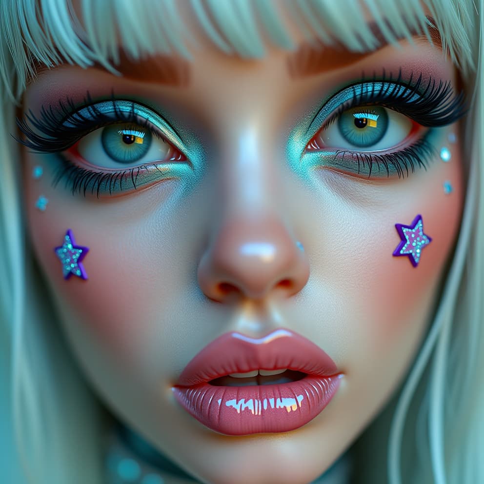  close up of an androgynous pastel goth punk woman with big eyelashes, star shaped glitter and stickers on her face, glossy punk lipstick. in the style of kawaii aesthetic, hyper realistic portraits in light cyan and green, cute cartoonish designs, barbiecore, hyper detailed illustration, shiny/glossy. fear and loathing.hyper detail, intricate details, sharp focus, high resolution, 8k, ultra detailed, vib