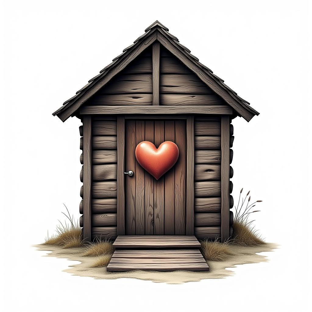  a wooden shack with a heart in the middle of ita wooden shack with a heart in the middle of it. generate a professional tattoo design. the tattoo design should be isolated and centered. place the tattoo in the center on a solid white background. hyperrealistic, full body, detailed clothing, highly detailed, cinematic lighting, stunningly beautiful, intricate, sharp focus, f/1. 8, 85mm, (centered image composition), (professionally color graded), ((bright soft diffused light)), volumetric fog, trending on instagram, trending on tumblr, HDR 4K, 8K