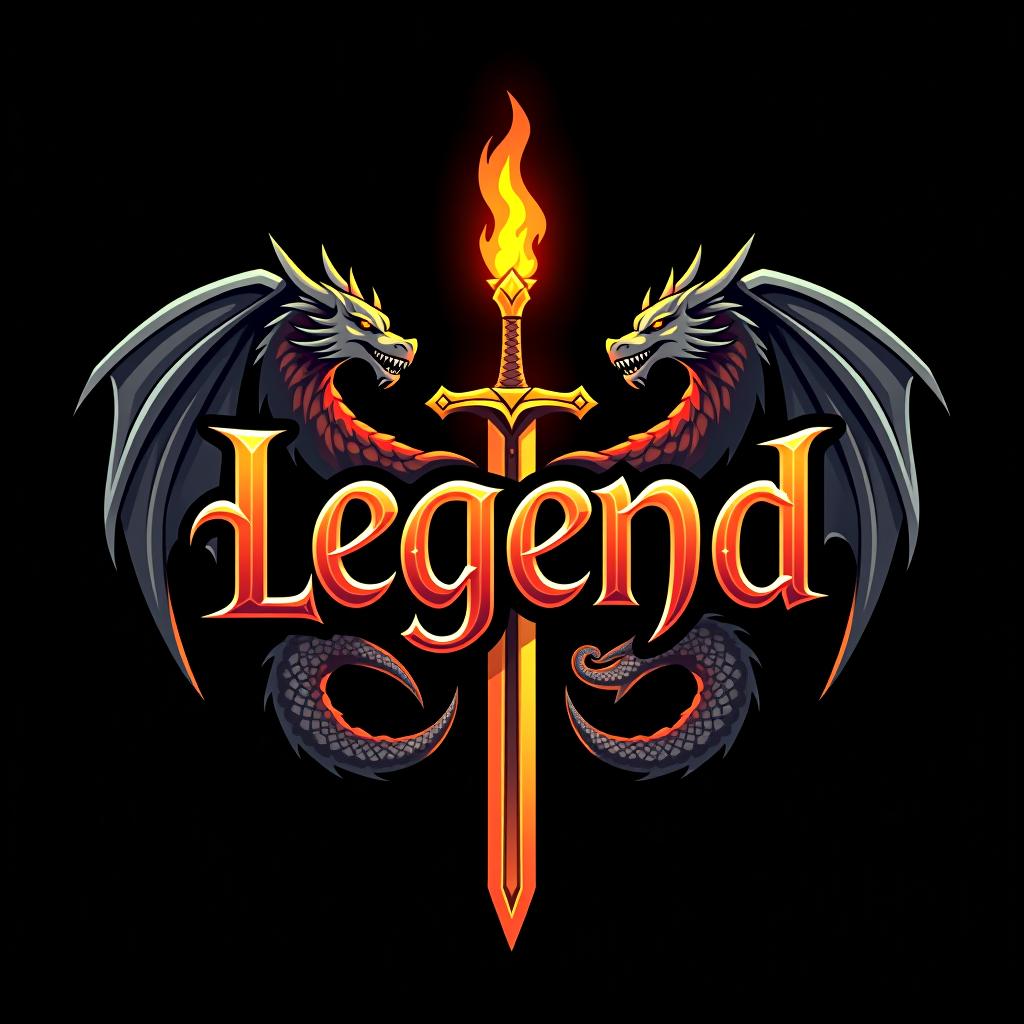  design a logo, custom sticker design on an isolated black background with the words ‘legend’ in bold font decorated by mythical dragons and a flaming sword