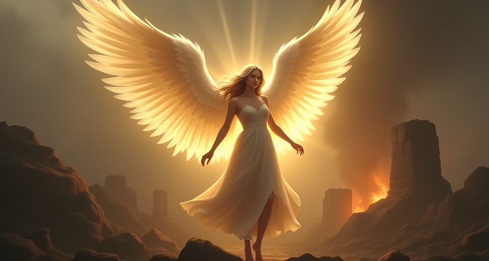  ethereal angel with wings of light, casting a protective glow. ruins in the background, defeated dark forces, a scene of divine justice prevailing.. the style is digital art illustration,highly detailed, whimsical,magical, dreamlike atmosphere, realism and fantasy blend, smooth, glossy textures,luminous quality, wonder and enchantment.