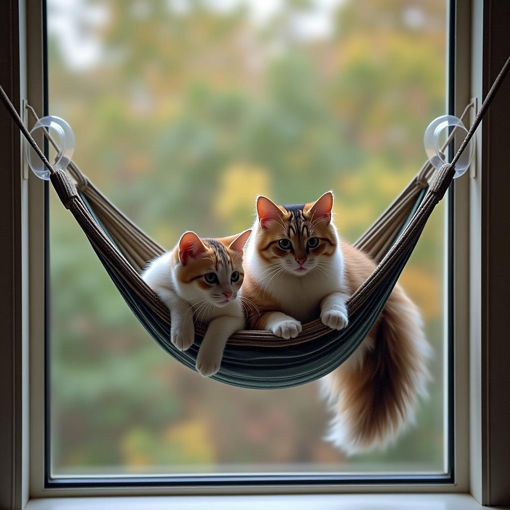  two cats on a hammock that is attached to the window with suction cups without any wires.