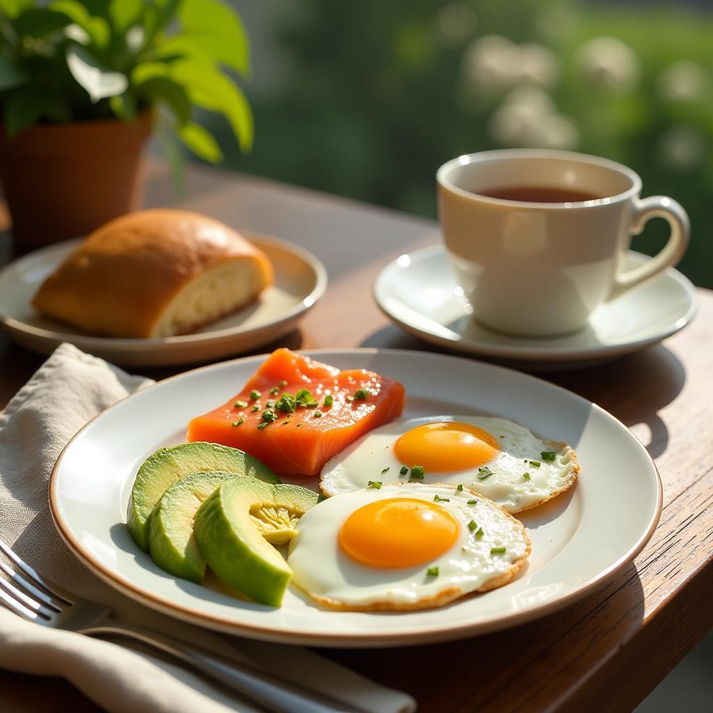  healthy breakfast with eggs, avocado, salmon and hot tea on the table sunny day {prompt}, maximum details