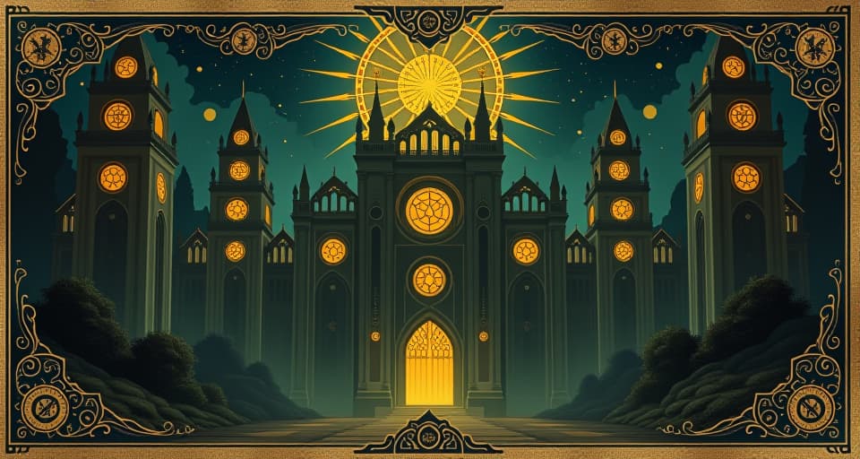  architectural marvels adorned with intricate symbols, glowing faintly, majestic buildings, night scene, cosmic energy. an illustration in the style of a worn, mystical old tarot trump card, mysterious and elements of surrealism. the colors are muted, somber and eerie, but with contrast bring out an occult and esoteric vibe.