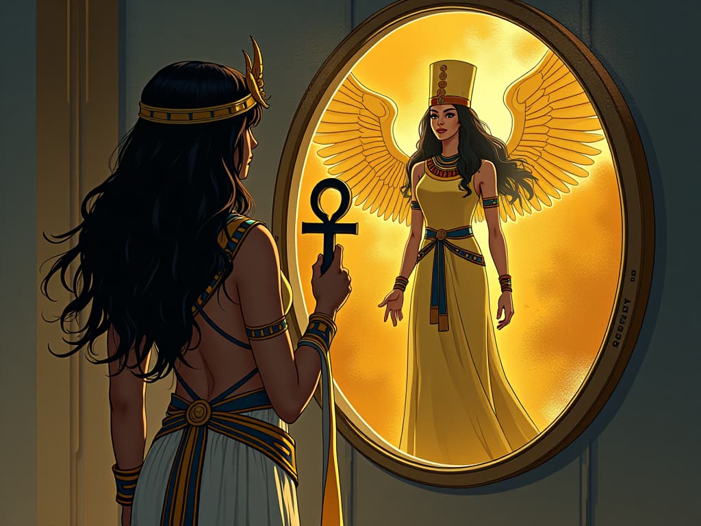  priestess with an ankh in hand, standing before a golden mirror, reflection showing powerful transformation, symbolizing harnessing transformation power. the style is digital art illustration / modern comic book / mysterious occult, symbolic, esoteric vibe,high detail on character design, incorporating ancient egyptian symbology and attire.