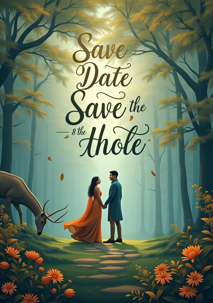  design a traditional and artistic 'save the date' wedding invitation with the following elements: theme: use a nature inspired, artistic theme with an emphasis on indian wildlife and a serene landscape. top section: headline: 'save the date' in elegant, cursive font, placed at the top center in a gold or bronze color. names: below the headline, display the names 'sakshi & yash' in a large, flowing script font in teal or deep blue, adding a romantic and personalized touch. date section: date: '8 9th december' in a classic serif font in a warm brown color, centered below the names. venue: below the date, include the venue details: 'hotel holiday village and radison gandhidham' in the same serif font and color, ensuring it is easily read hyperrealistic, full body, detailed clothing, highly detailed, cinematic lighting, stunningly beautiful, intricate, sharp focus, f/1. 8, 85mm, (centered image composition), (professionally color graded), ((bright soft diffused light)), volumetric fog, trending on instagram, trending on tumblr, HDR 4K, 8K