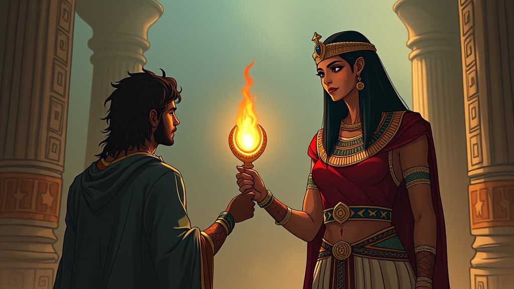  a comic book style draw of an ancient goddess offering a glowing ankh to a person, sense of audacity and reward, atmosphere of being unapologetically oneself. the style is digital art illustration / modern comic book / mysterious occult, symbolic, esoteric vibe,high detail on character design, incorporating ancient egyptian symbology and attire. hyperrealistic, full body, detailed clothing, highly detailed, cinematic lighting, stunningly beautiful, intricate, sharp focus, f/1. 8, 85mm, (centered image composition), (professionally color graded), ((bright soft diffused light)), volumetric fog, trending on instagram, trending on tumblr, HDR 4K, 8K