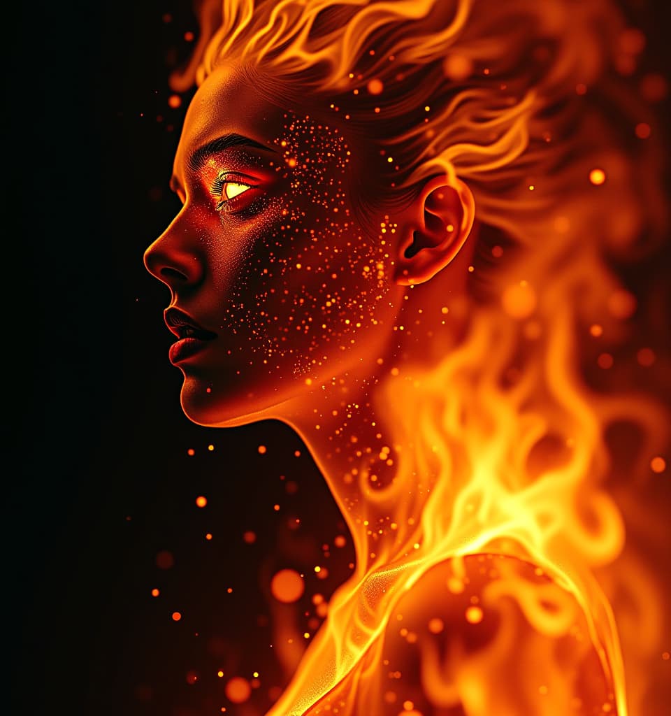  (double exposure:1,3), black background. bonfire of fire, sparks as dissolving red fire evil glowing eyes filled with intensity, angry woman, ultra high definition rendering, photorealistic textures, dynamic and dramatic lighting, intricate details in flames and hair, surreal and otherworldly atmosphere, radiant and bright colors, smooth gradients. dissolving colors. dissolution of textures. interpenetration of layers and textures. cinematic composition, radiant and fiery aura, bright and ethereal energy. stylistics: surrealism, realism hyperrealistic, full body, detailed clothing, highly detailed, cinematic lighting, stunningly beautiful, intricate, sharp focus, f/1. 8, 85mm, (centered image composition), (professionally color graded), ((bright soft diffused light)), volumetric fog, trending on instagram, trending on tumblr, HDR 4K, 8K