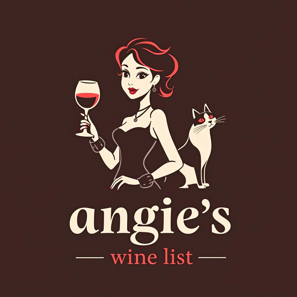  design a logo, a woman with a glass of wine and a black and white cat, with the text 'angie’s wine list'.