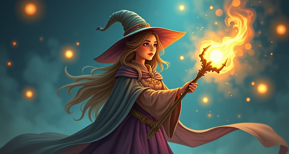  whimsical sorceress wielding a glowing staff, surrounded by floating orbs of bright light; the powerful energy field around her symbolizes grounded, resilient magic.. the style is digital art illustration,highly detailed, whimsical,magical, dreamlike atmosphere, realism and fantasy blend, smooth, glossy textures,luminous quality, wonder and enchantment.