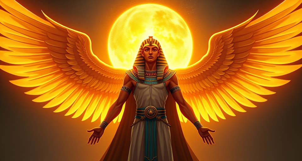  a radiant guardian figure, surrounded by light, exuding protection, symbolizing the chosen ones. the style is digital art illustration / modern comic book / mysterious occult, symbolic, esoteric vibe,high detail on character design, incorporating ancient egyptian symbology and attire.