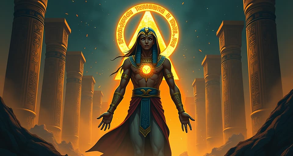  hieroglyphs glowing with magic, depicting unscathed individual amidst chaos, mystical atmosphere, ancient symbols shining. the style is digital art illustration / modern comic book / mysterious occult, symbolic, esoteric vibe,high detail on character design, incorporating ancient egyptian symbology and attire.