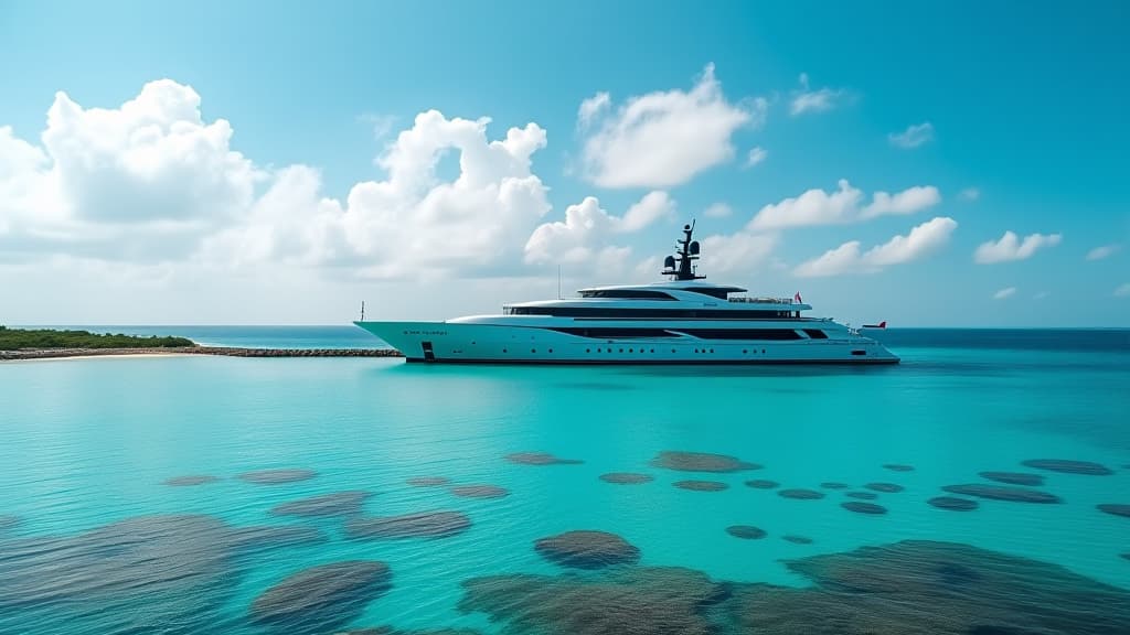  a large luxury yacht is anchored in a lagoon during a summer vacation cruise on the ocean. a beautiful way to travel the world