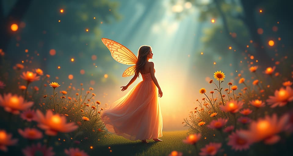  bright, glowing garden filled with luminous flowers, whimsical light dancing around. fairy in a flowing gown, serene and clear ambiance.. the style is digital art illustration,highly detailed, whimsical,magical, dreamlike atmosphere, realism and fantasy blend, smooth, glossy textures,luminous quality, wonder and enchantment.