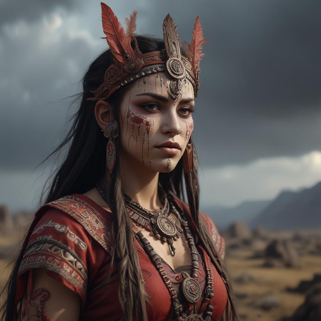 ((masterpiece)),(((best quality))), 8k, high detailed, ultra detailed, tribe woman dead blood, (desolate landscape), ceremonial mask, (ritualistic symbols), (ominous sky), (dramatic lighting) hyperrealistic, full body, detailed clothing, highly detailed, cinematic lighting, stunningly beautiful, intricate, sharp focus, f/1. 8, 85mm, (centered image composition), (professionally color graded), ((bright soft diffused light)), volumetric fog, trending on instagram, trending on tumblr, HDR 4K, 8K