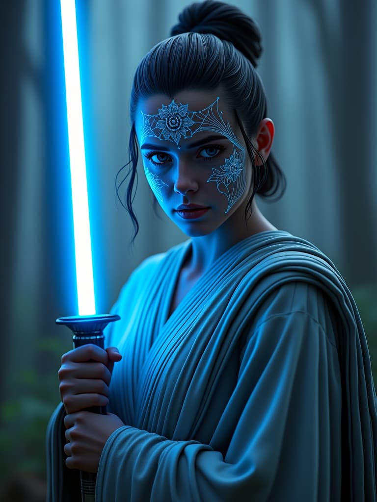  hyperrealistic art dramatic dynamic portrait of rey skywalker with blue lightsaber covered in intricate floral bioluminescent spiderweb filigree, (misty) fantasy forest environment, bokeh 4k, 8k, cinematic, unrealengine 5, hight quality, full body photo, fantasy art, dynamic lighting, artstation, poster, volumetric lighting, very detailed faces, award winning, full body portrait, best quality, masterpiece, ultra realistic, detailed soft oil painting, detailed background, dramatic cinematic lighting, soft edge lighting, professional, dramatic lighting, hard edge lighting . extremely high resolution details, photographic, realism pushed to extreme, fine texture, incredibly lifelike hyperrealistic, full body, detailed clothing, highly detailed, cinematic lighting, stunningly beautiful, intricate, sharp focus, f/1. 8, 85mm, (centered image composition), (professionally color graded), ((bright soft diffused light)), volumetric fog, trending on instagram, trending on tumblr, HDR 4K, 8K