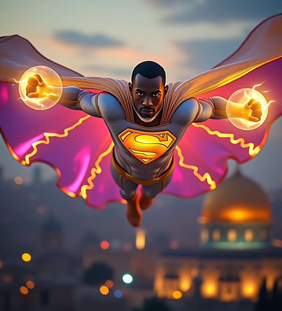  african superman king priest, flying over the dome of the rock in jerusalem, his cape is radiant iridescent gold electric blue magenta iridescent translucent, gold mli foil transparent iridescent lightsail cape. his suit is pearlescent white and golden glowing iridescent, gold, golden shining energy armor, iridescent glowing illuminated gold "s" on chest, kamehameha plasma power sphere iridescent lightning solar fireballs glowing from his fists. glowing iridescent lightning eyes, short curly temple fade black hair on head, white platinum goatee beard.