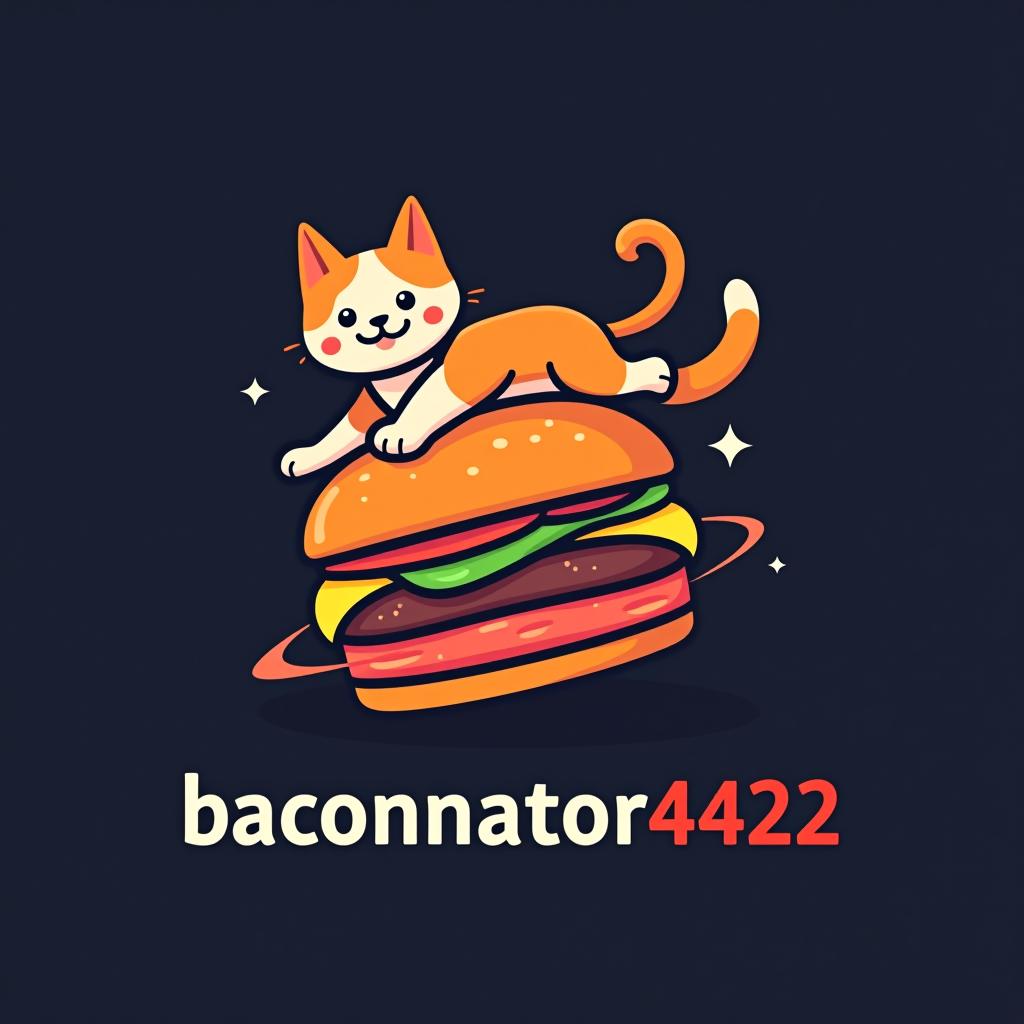  design a logo, a cat on top of a a burger flying through space, with the text 'baconator420'.