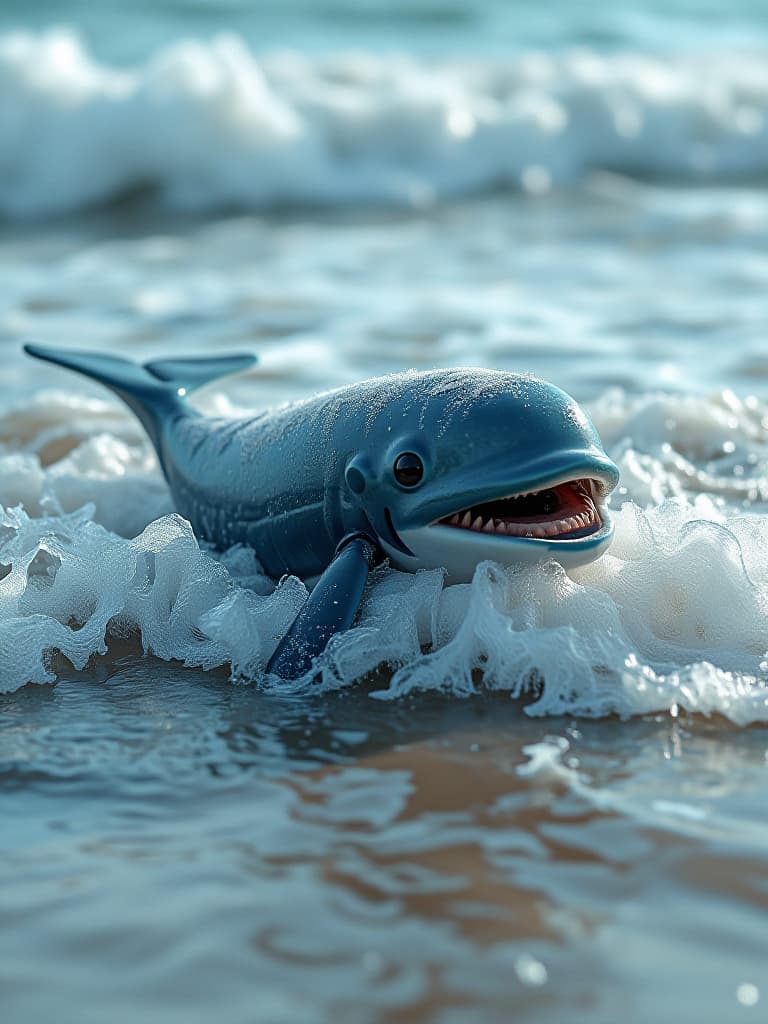  cute little whales struggle to swim back to the sea in shallow waters near the shore. it has a panic in its eyes, and its body is stuck on the shallows, surrounded by rolling waves. the little whale, with his mouth open and his cry for help, was splattered with water and light blue。 photo realistic, highly intricate and detailed, masterpiece, ultra high res,photography,8k resolution