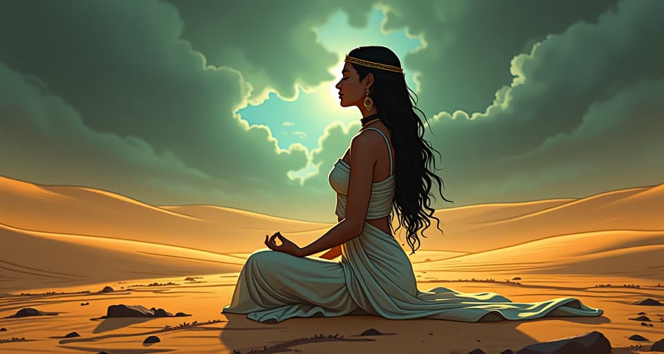  a serene oasis in the middle of a desert storm, a large busted high priestess in a tight linen dress, meditating, symbolizing harmony with the flow of existence. the style is digital art illustration / modern comic book / mysterious occult, symbolic, esoteric vibe,high detail on character design, incorporating ancient egyptian symbology and attire.