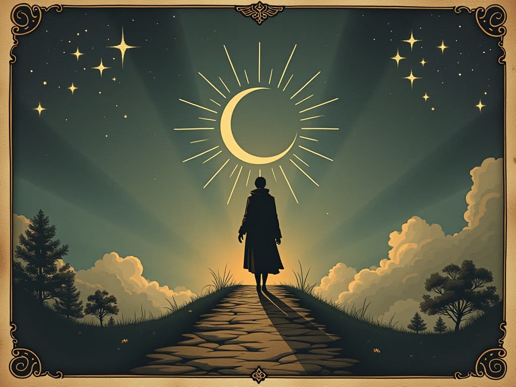  figure on a celestial path, stars guiding the way, sense of fulfillment, alignment. an illustration in the style of a worn, mystical old tarot trump card, mysterious and elements of surrealism. the colors are muted, somber and eerie, but with contrast bring out an occult and esoteric vibe.