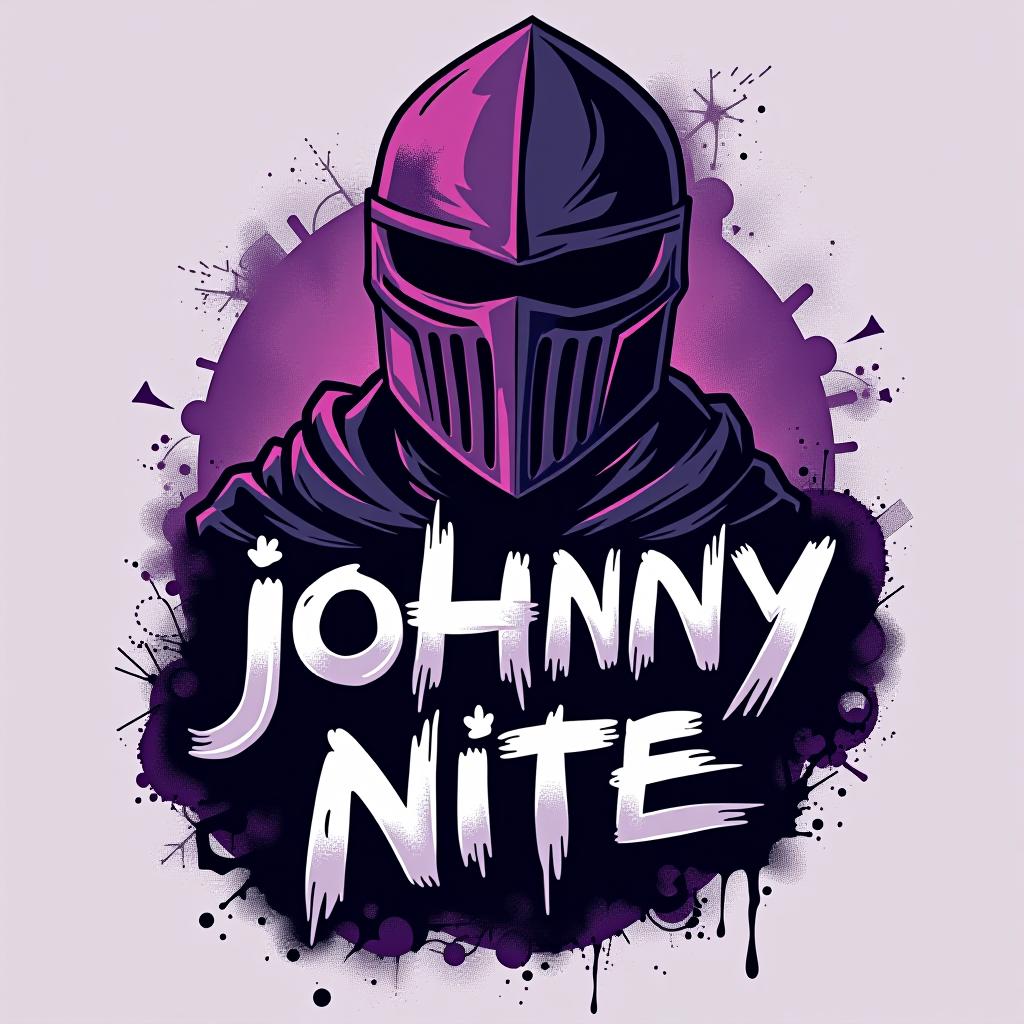  design a logo, in a surrealism style. knight graffiti purple and black, with the text 'johnny nite'.